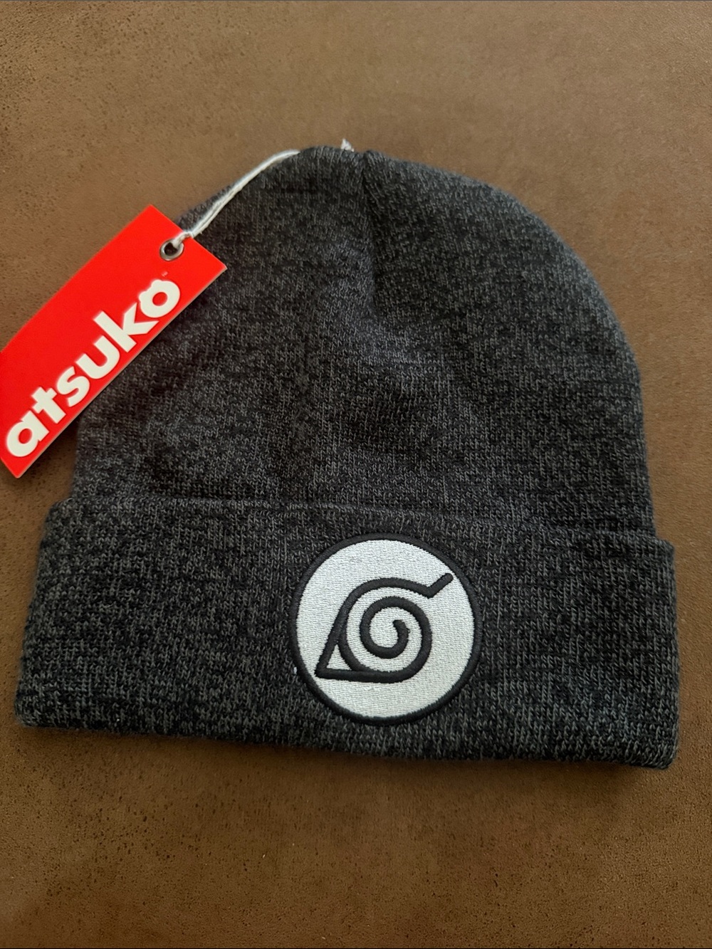 Atsuko Charcoal Gray Beanie with Embroidered Spiral Patch New with Tag